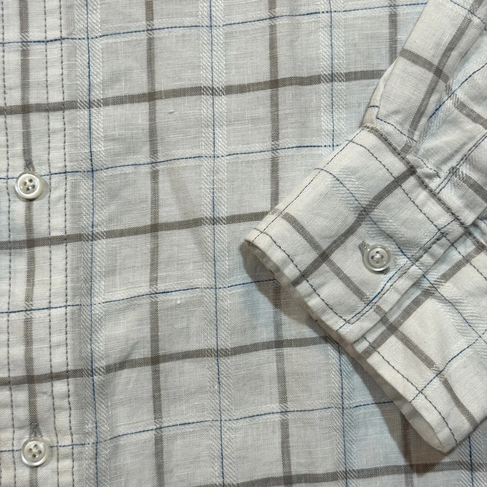 Raffi Pure Linen Button Up Shirt Mens XXL White Plaid Long Sleeve Summer Comfort